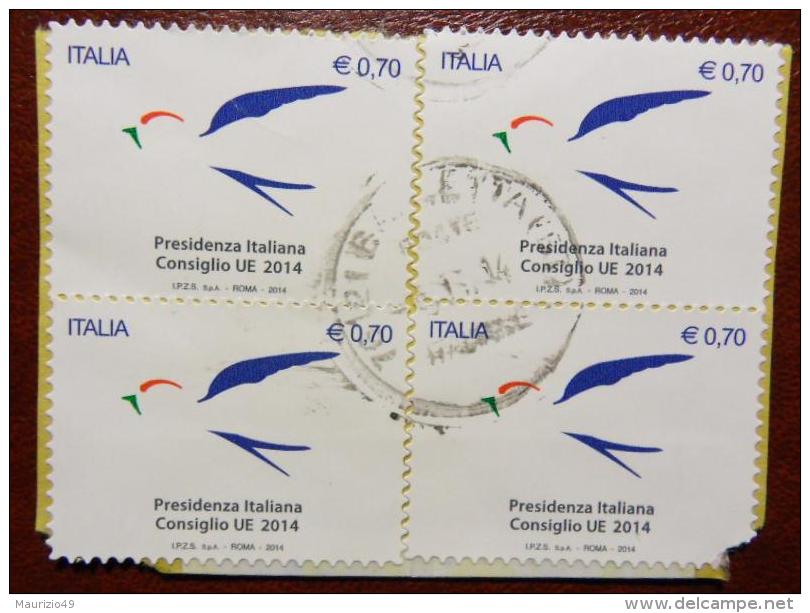 2014 Nr 3490 Presidenza Italiana Del Consiglio D'Europa - Rondine Stilizzata 0,70 &euro; Blocco Di 4 VEDI FOTO - 2011-20: Usati