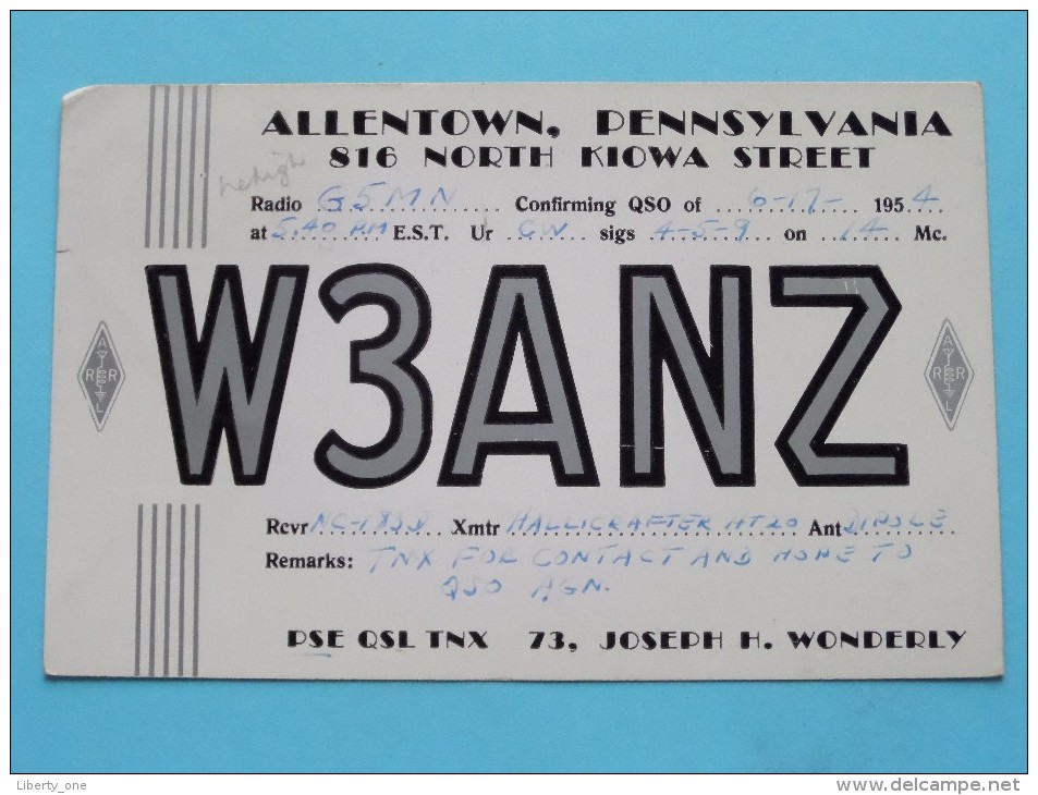 W3ANZ ( H. Wonderly ) Allentown Pennsylvania  - Anno 1954 ( Zie Foto Voor Details ) - Radio Amateur