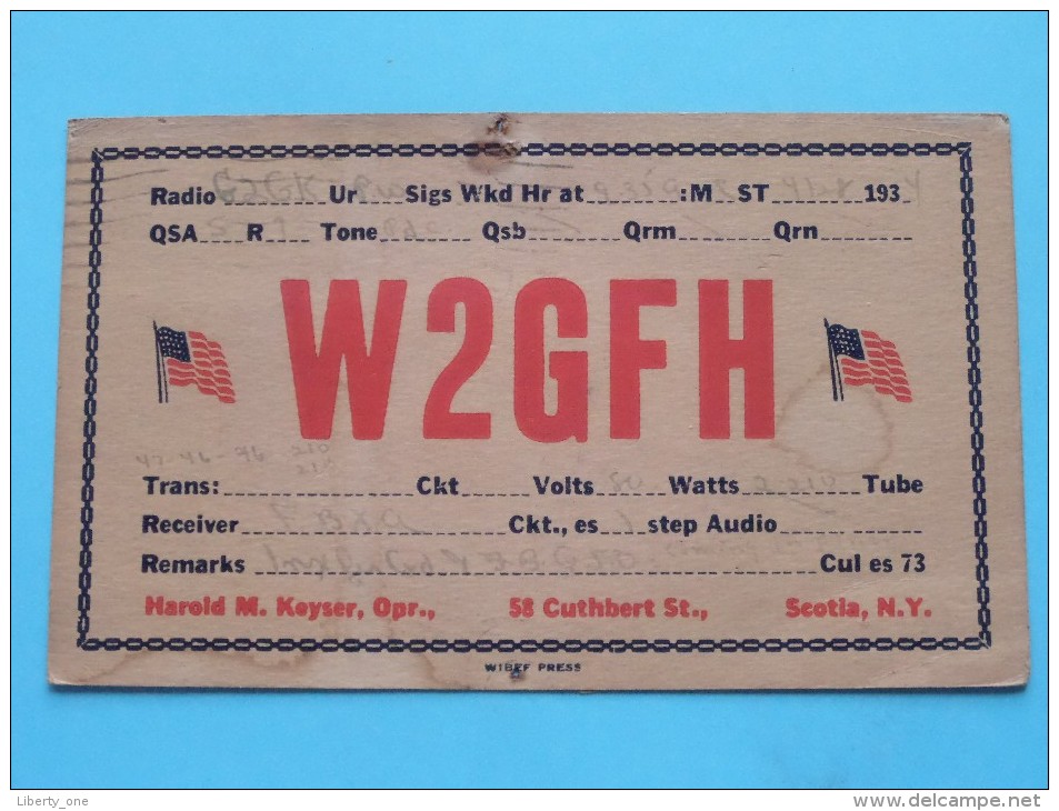 W2GFH ( Harold M. Keyser ) Scotia New York ( To Walton On Thames England ) Anno 1934 ( Zie Foto Voor Details ) - Radio Amateur