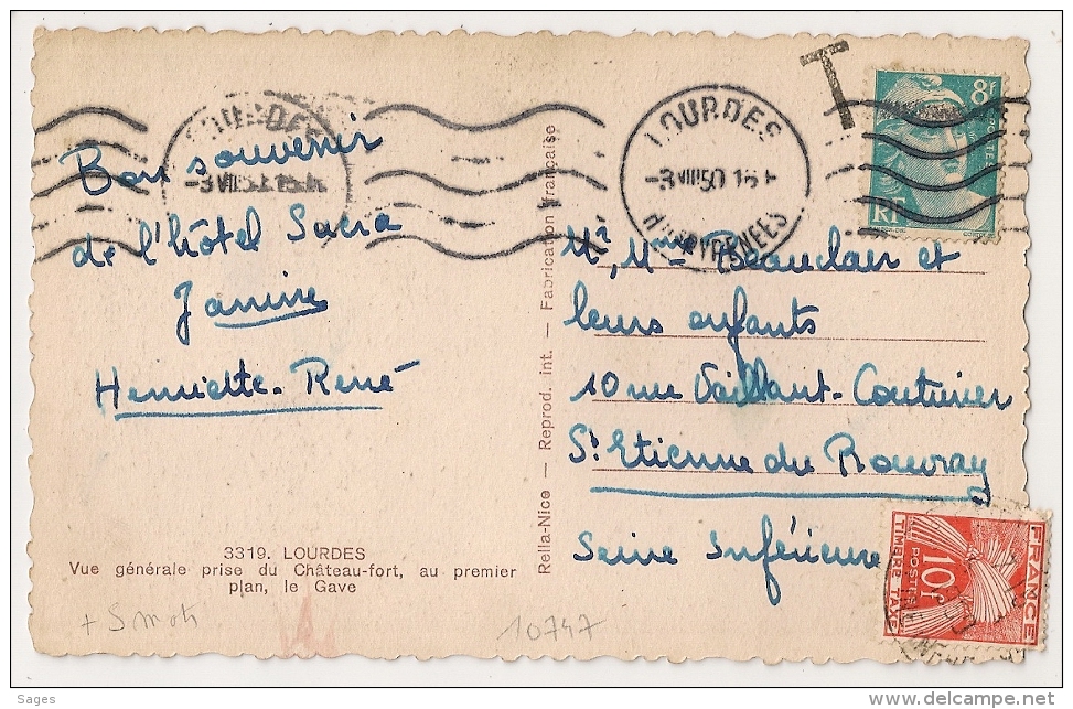 TAXE 10F à St ETIENNE DU ROUVRAY Sur CP 8 F GANDON , LOURDES Hautes Pyrénées. - 1859-1959 Lettres & Documents