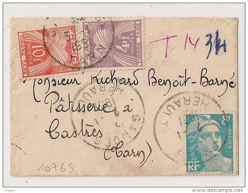 TAXE 14f Sur Petite Enveloppe  Avec 8F GANDON. GANGES Hérault Pour Castres Tarn. - 1859-1959 Lettres & Documents