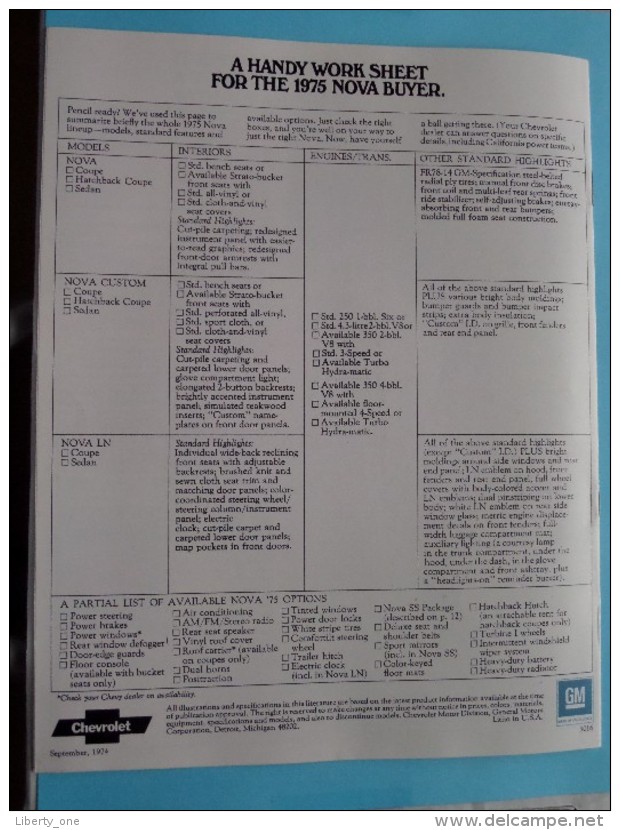 NOVA '75 - Chevrolet makes sense for America - 16 Pages September 1974 ( zie Foto´s voor detail ) !