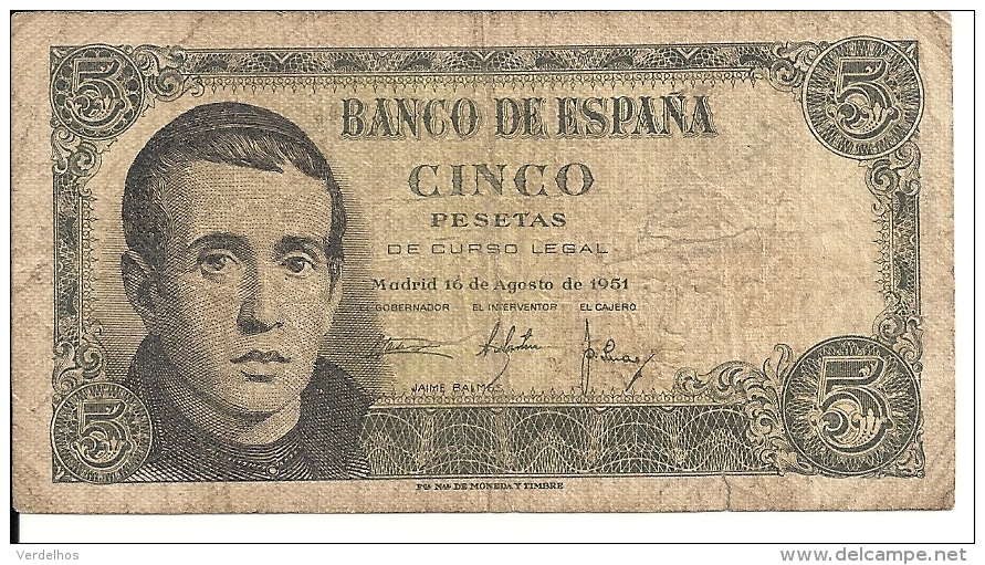 ESPAGNE 5 PESETAS 1951 VG+ P 140 - 5 Pesetas