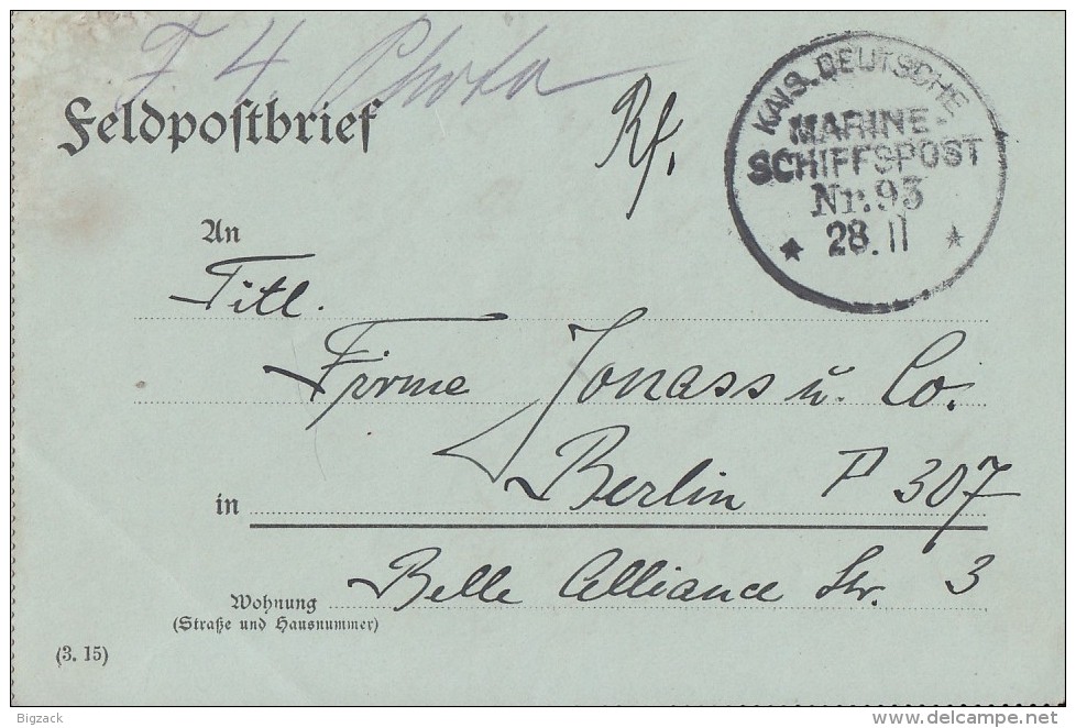 DR Feldpostbrief Kaisl. Dt. Marine-Schiffspost Nr. 93  28.11. - Briefe U. Dokumente