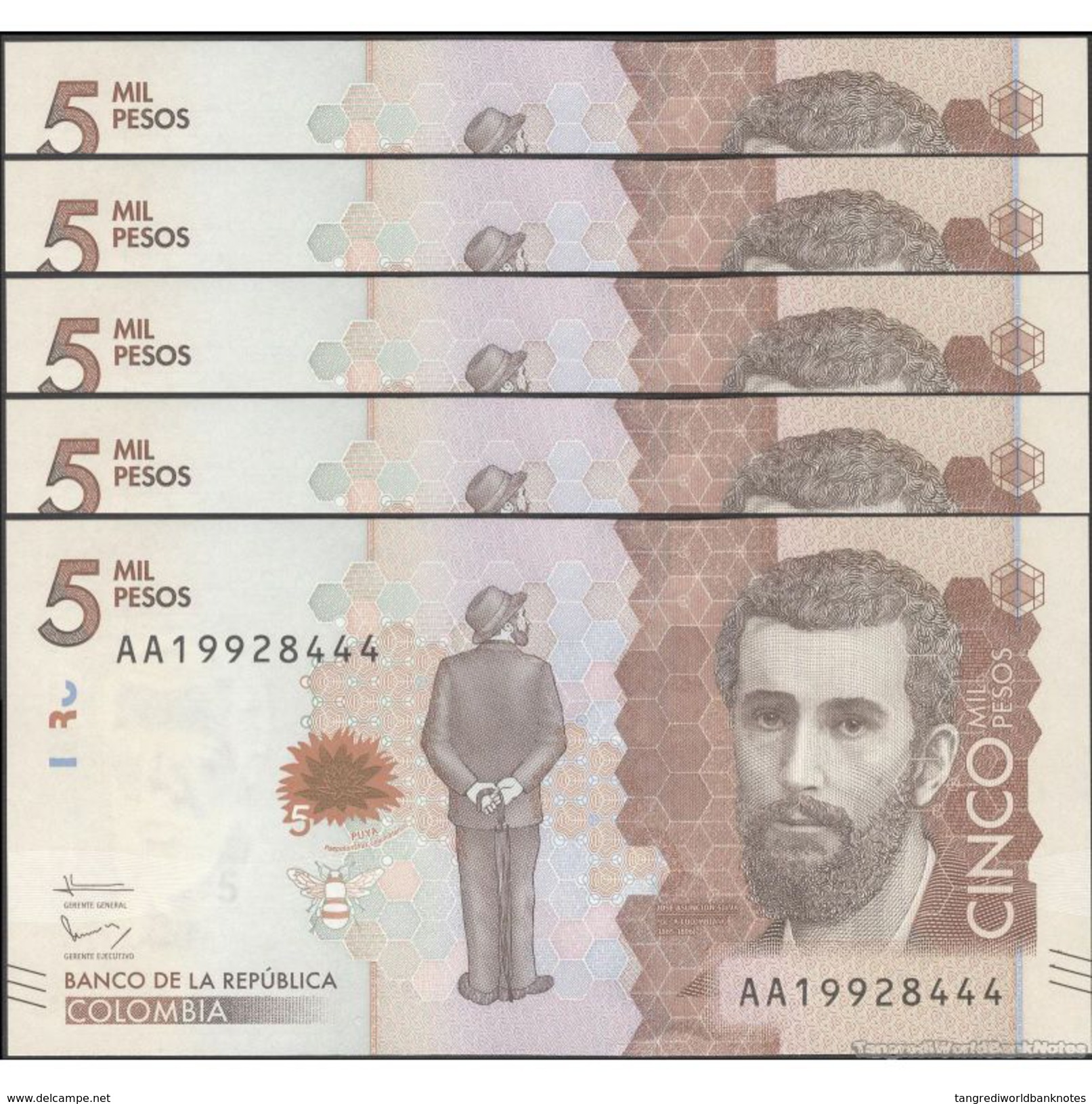 TWN - COLOMBIA NEW - 2000 2.000 Pesos 19.8.2015 (2016) UNC DEALERS LOT X 5 - FREE SHIPPING On Orders Over EUR 150 - Colombie