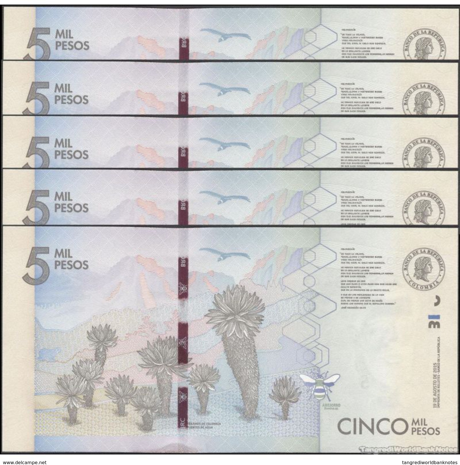 TWN - COLOMBIA NEW - 2000 2.000 Pesos 19.8.2015 (2016) UNC DEALERS LOT X 5 - FREE SHIPPING On Orders Over EUR 150 - Colombie