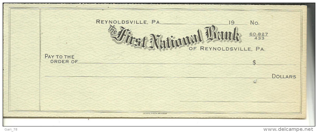Chèque Vierge The FIRST NATIONAL BANK Of Reynoldsville - Chèques & Chèques De Voyage