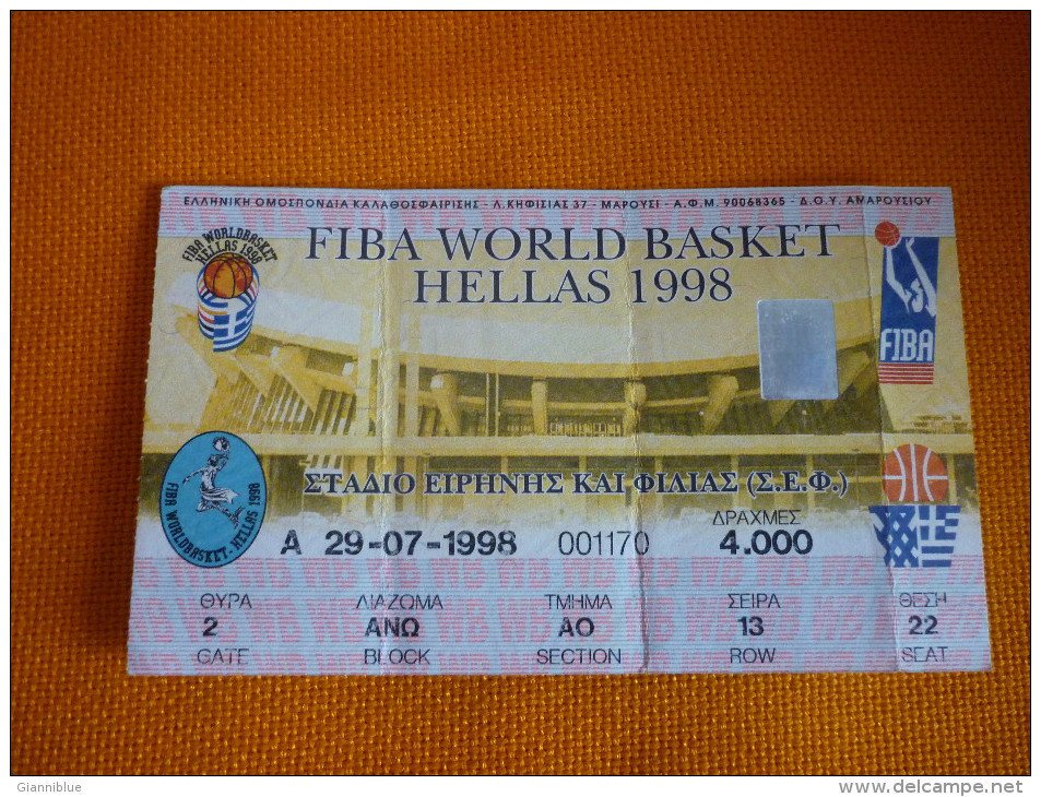 FIBA World Basket Athens Greece 1998 Basketball Match Ticket Stub 29/07/98 (Greece-Canada And Senegal-Italy) - Tickets D'entrée