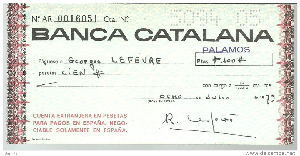 Chèque Bancaire BANCA CATALUNA De 1979 - Chèques & Chèques De Voyage