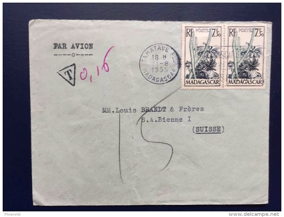 MADAGASCAR TAMATAVE 1955, Timbres (plantes Grasses) Pour La Suisse, Bienne, Lettre Taxée En Suisse - Briefe U. Dokumente