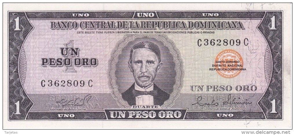 BILLETE DE LA REPUBLICA DOMINICANA DE 1 PESO ORO DEL AÑO 1975 DE DUARTE CALIDAD EBC (XF) (BANKNOTE) - Dominicana