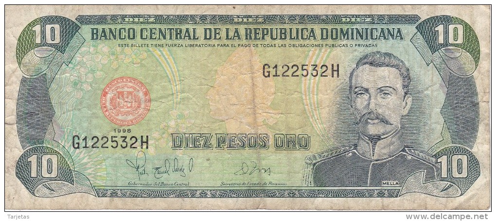 BILLETE DE REP. DOMINICANA DE 10 PESOS ORO DEL AÑO 1998  (BANKNOTE) - Dominicana