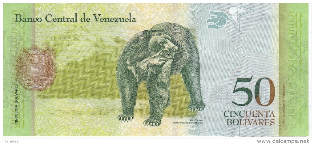 BILLETE DE VENEZUELA DE 50 BOLIVARES DEL 23 DE JUNIO 2015 (BANKNOTE) OSO FRONTINO (BEAR) - Venezuela