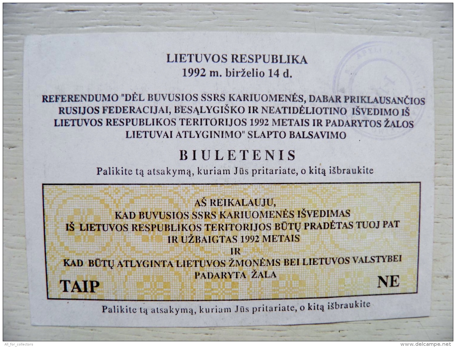 Voter´s Card Ticket From 1992 Mayor Election Secret Ballot Paper Referendum Of Soviet Army Withdrawal From Lithuan - Historische Dokumente