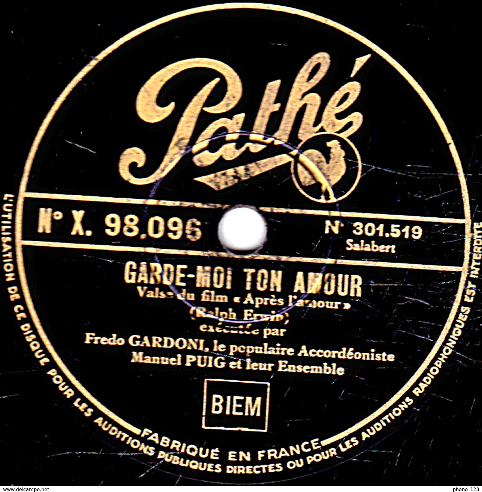 78 T. - 25 Cm - état  B -  Fredo GARDONI Marcel PUIG - GARDE-MOI TON AMOUR - LE BEAU DANUBE BLEU - 78 T - Disques Pour Gramophone