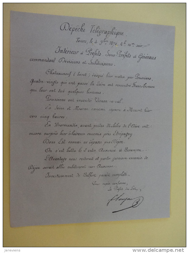 Depeche Telegraphique Tours 9bre 1870  Signe Beral Texte Interessant - Guerre De 1870