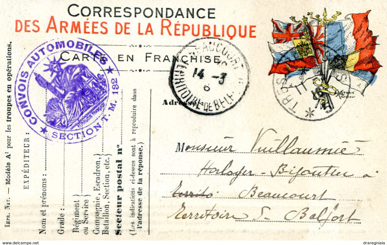 Cachet  Trésor Et Poste 5 -  Cachet Convois Automobiles  Section T M 132 - Beaucourt 90 - Lettres & Documents