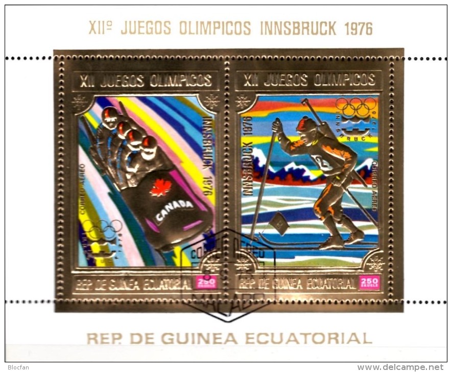 Olympiade Innsbruck 1976 Äquatorial Guinea Block 161-163 O 22€ Eishockey Bob Skisprung Lauf Gold Ms Bf Ecuatorial Africa - Winter 1976: Innsbruck