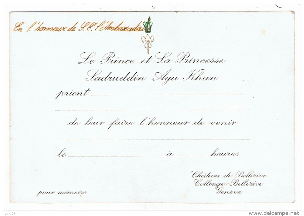 Invitation à Genève   Prince Et Princesse  Aga Khan  Pour Un Ambassadeur   15.5 Cm X 10.5 Cm - Personnages Historiques