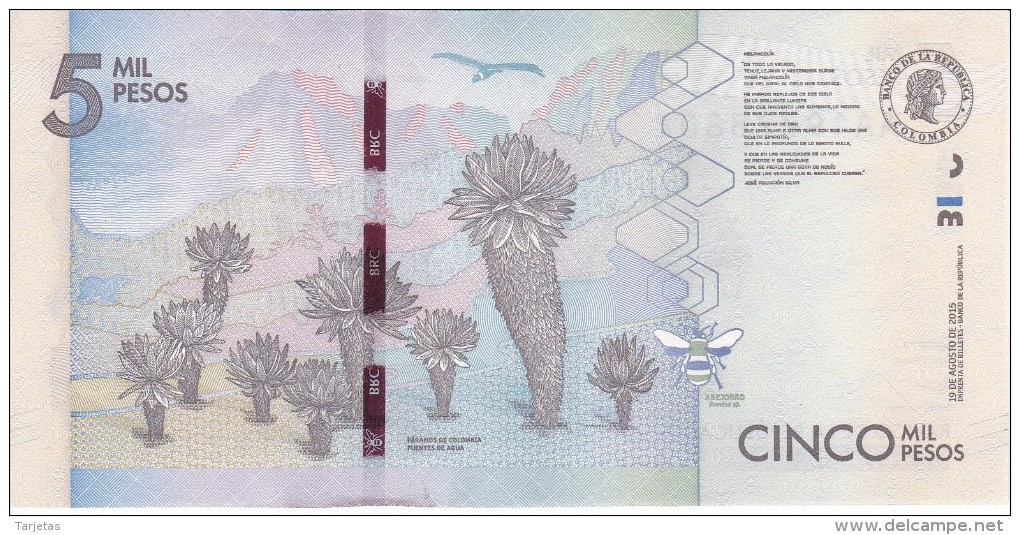 BILLETE DE COLOMBIA DE 5000 PESOS DEL AÑO 2015   (BANK NOTE) SIN CIRCULAR-UNCIRCULATED - Colombia