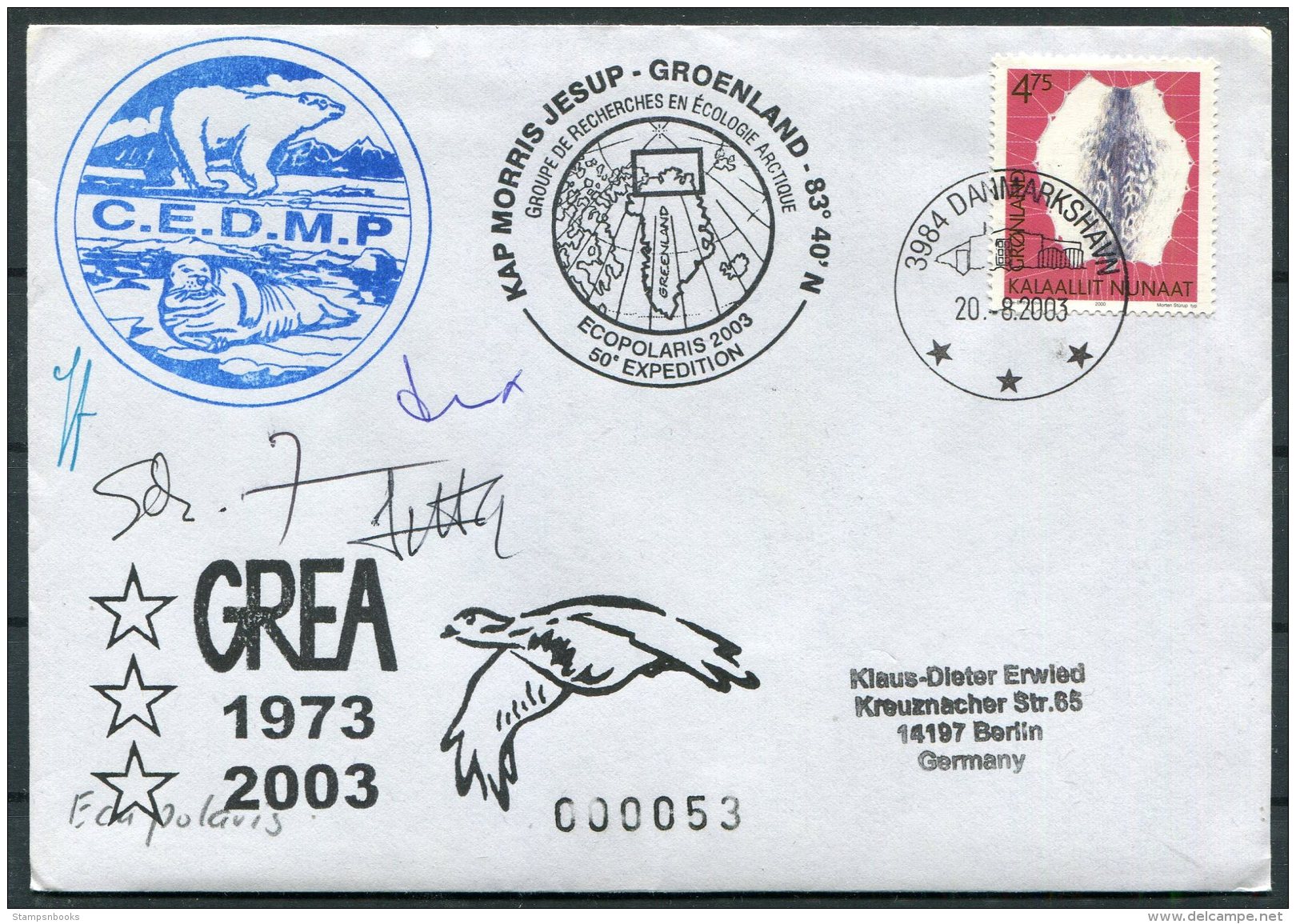2003 Greenland Danmarkshavn Ecopolaris C.E.D.M.P. Polar Bear, Walrus GREA  Arctic Expedition Signed Cover - Covers & Documents