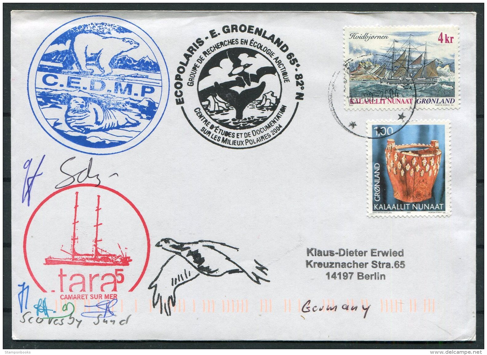 2004 Greenland Scoresbysund Ecopolaris C.E.D.M.P. Polar Bear, Walrus GREA  Arctic Expedition Signed Ship Cover - Lettres & Documents