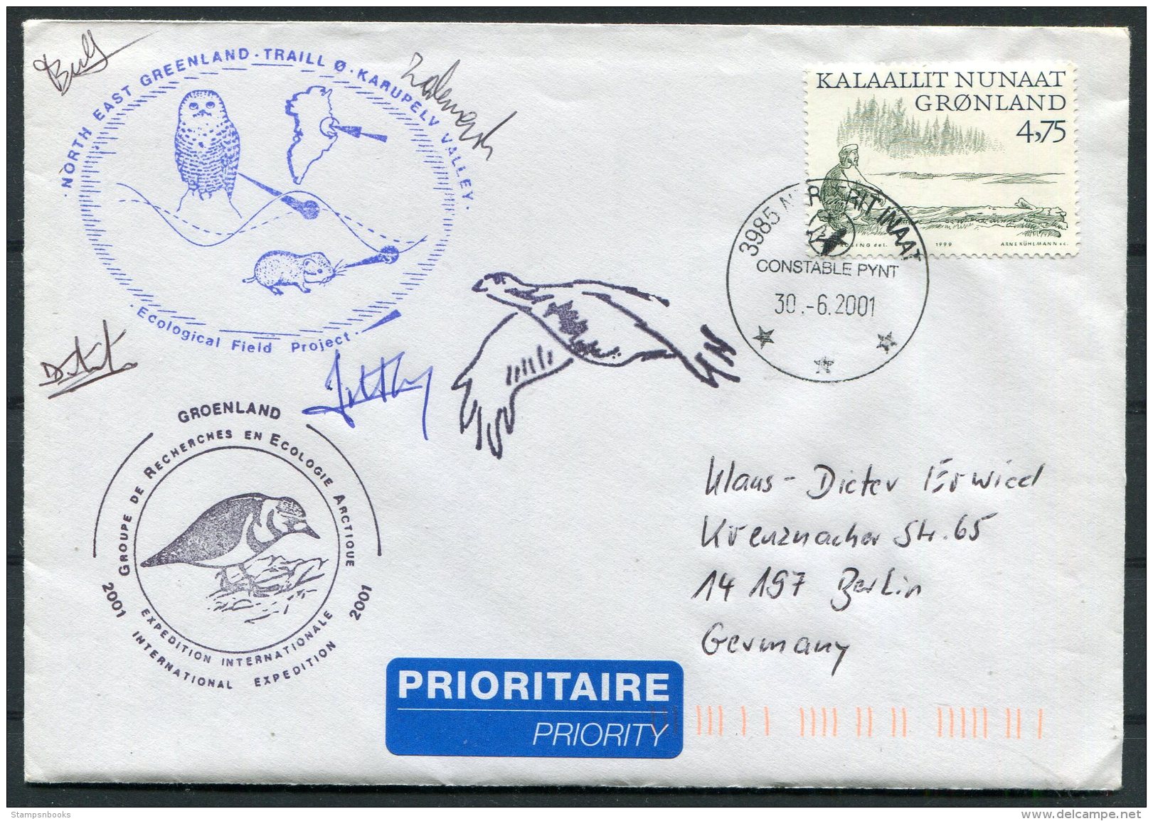 2001 North East Greenland, Karupelv Valley, Polar Owl Birds Research Arctic Expedition Signed Cover - Covers & Documents