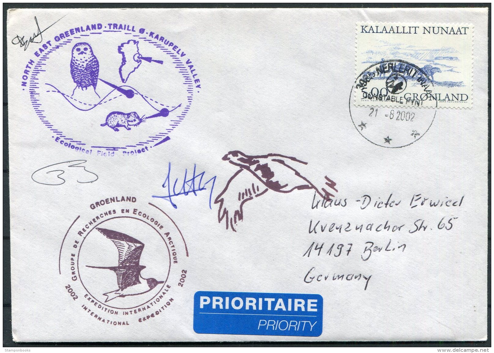 2002 North East Greenland, Karupelv Valley, Polar Owl Birds Research Arctic Expedition Signed Cover - Storia Postale