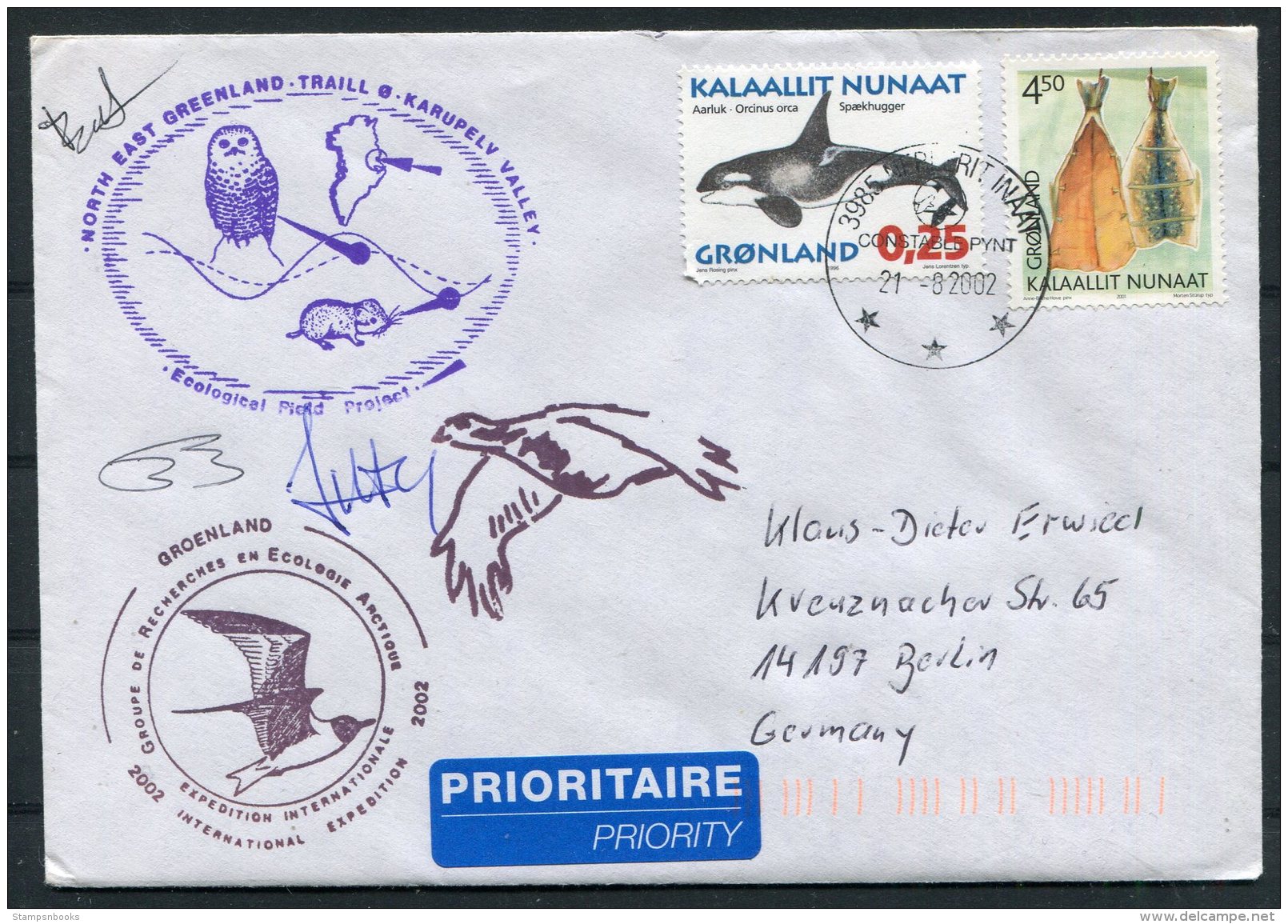 2002 North East Greenland, Karupelv Valley, Polar Owl Birds Research Arctic Expedition Signed Cover - Lettres & Documents