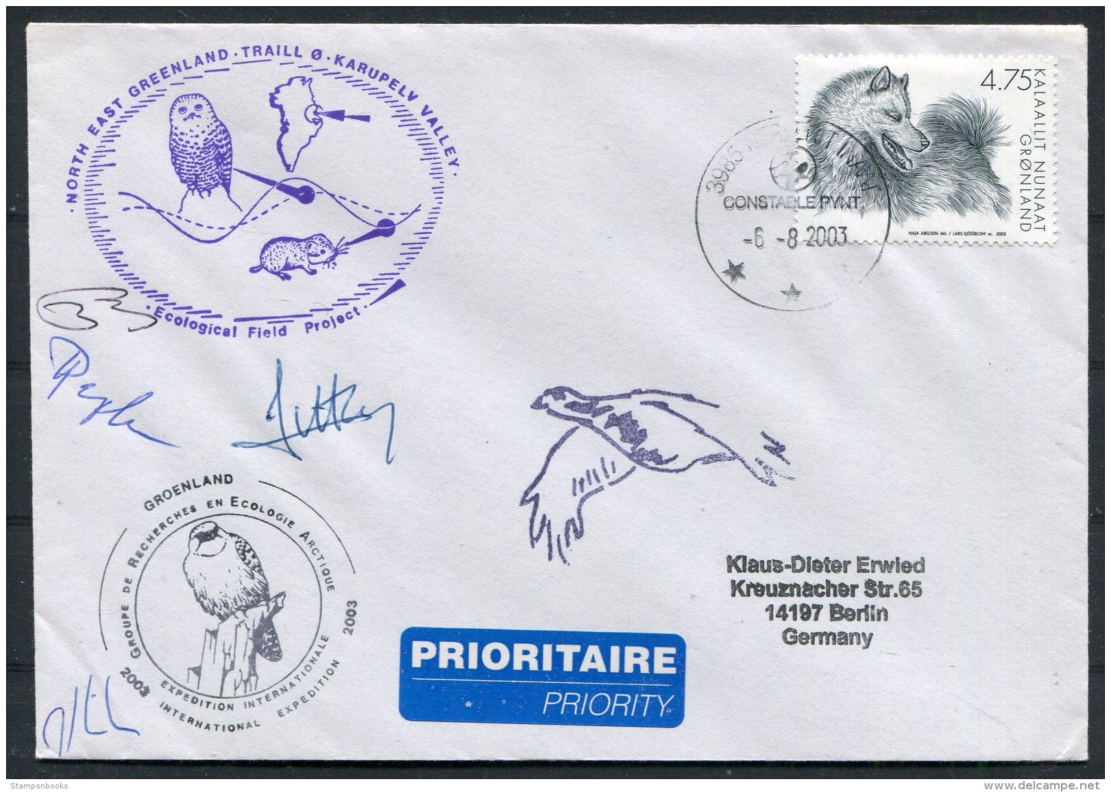 2003 North East Greenland, Karupelv Valley, Polar Owl Birds Research Arctic Expedition Signed Cover - Covers & Documents