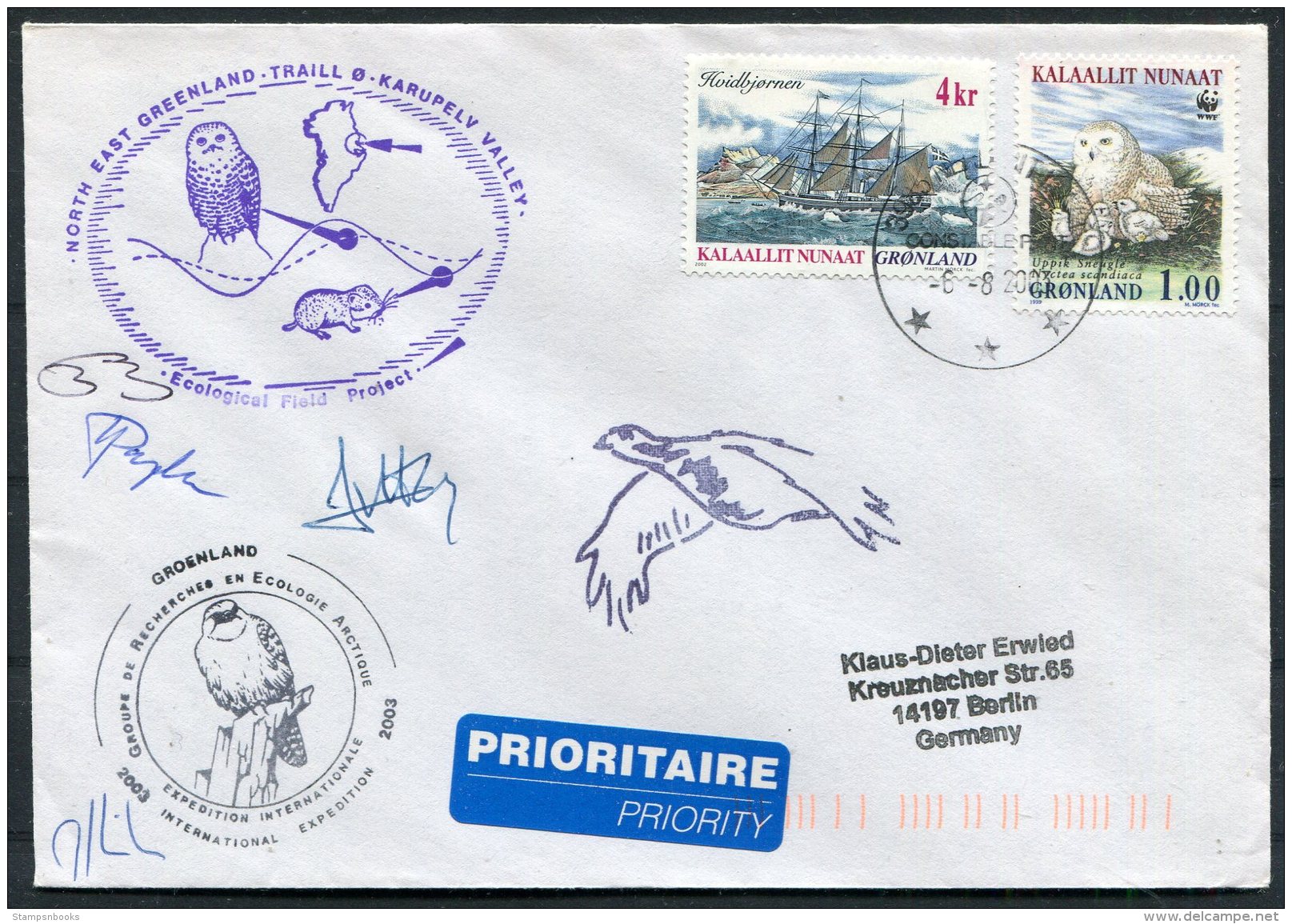 2003 North East Greenland, Karupelv Valley, Polar Owl Birds Research Arctic Expedition Signed Cover - Covers & Documents