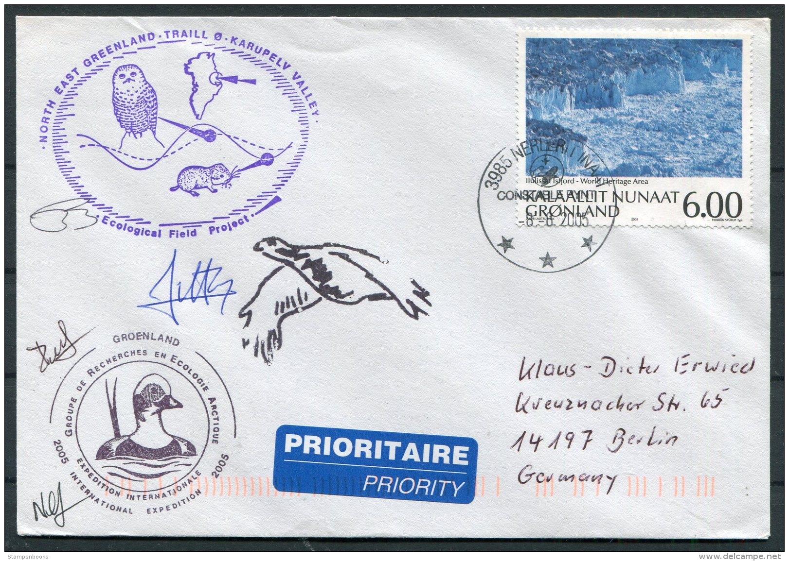 2005 North East Greenland, Karupelv Valley, Polar Owl Birds Research Arctic Expedition Signed Cover - Storia Postale
