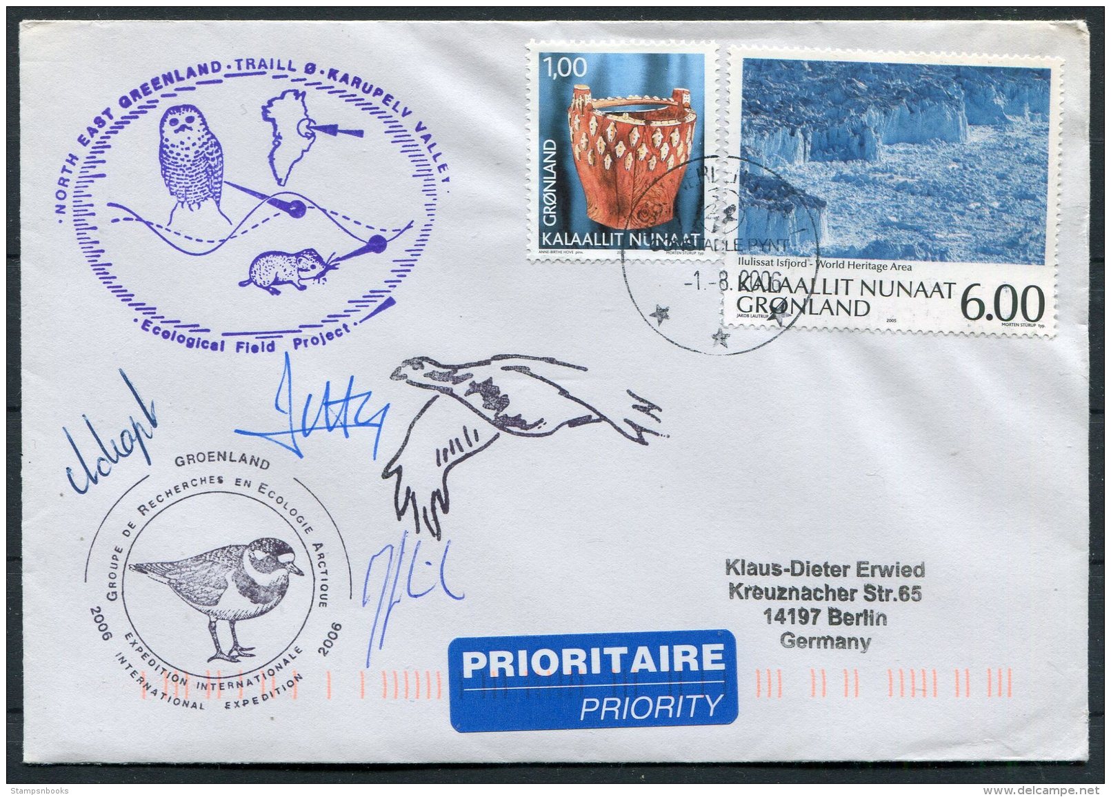 2006 North East Greenland, Karupelv Valley, Polar Owl Birds Research Arctic Expedition Signed Cover - Storia Postale