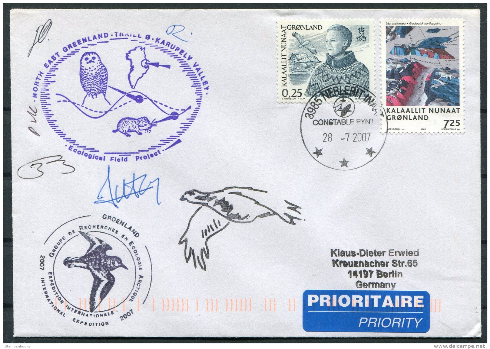 2007 North East Greenland, Karupelv Valley, Polar Owl Birds Research Arctic Expedition Signed Cover - Covers & Documents