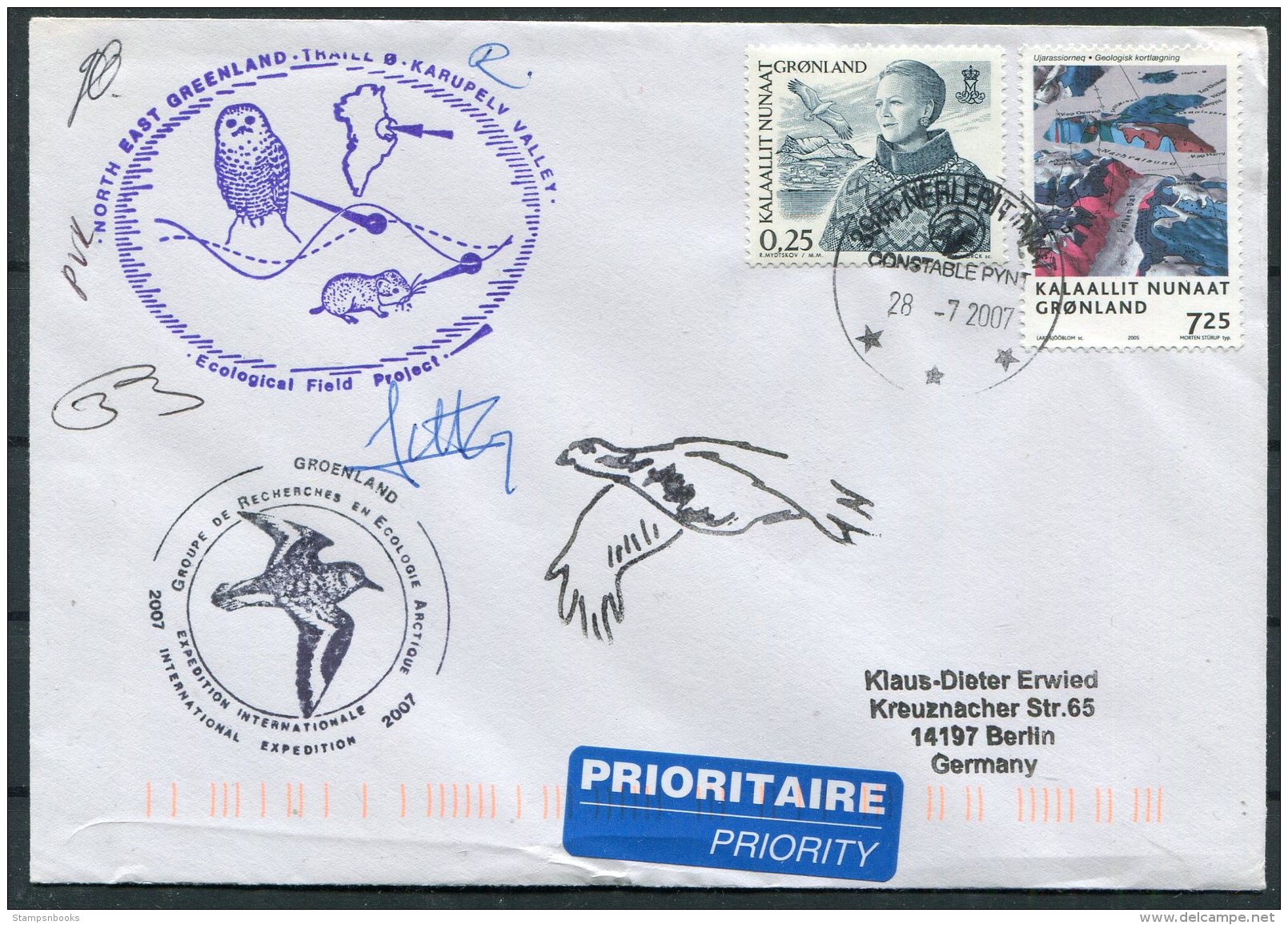 2007 North East Greenland, Karupelv Valley, Polar Owl Birds Research Arctic Expedition Signed Cover - Covers & Documents