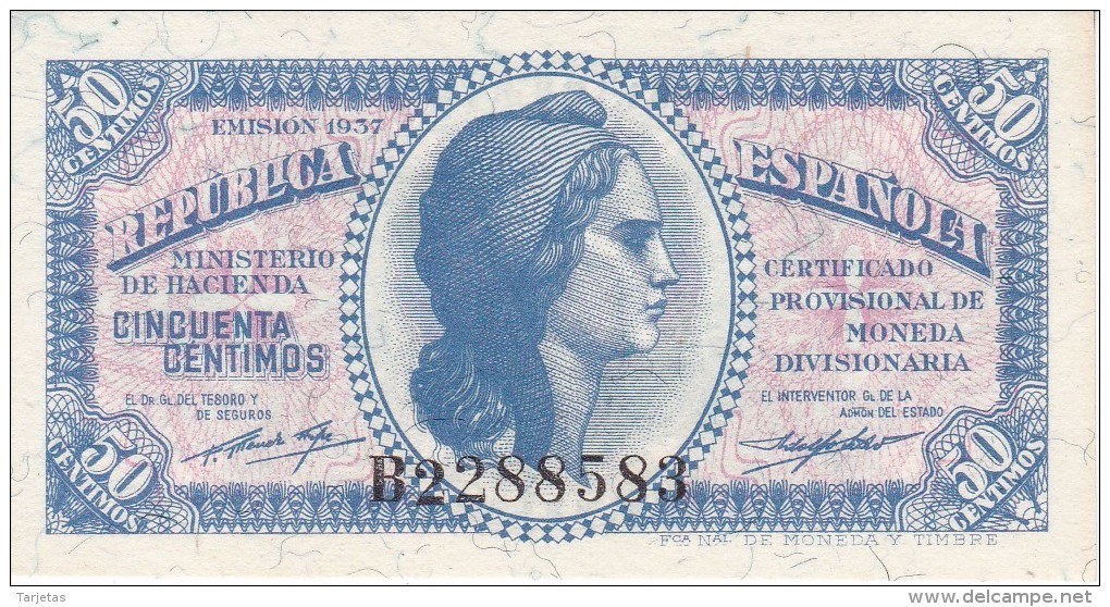 BILLETE DE ESPAÑA DE LA REPUBLICA ESPAÑOLA DE 50 CTS DEL AÑO 1937 SERIE  B SIN CIRCULAR-UNCIRCULATED - Otros & Sin Clasificación