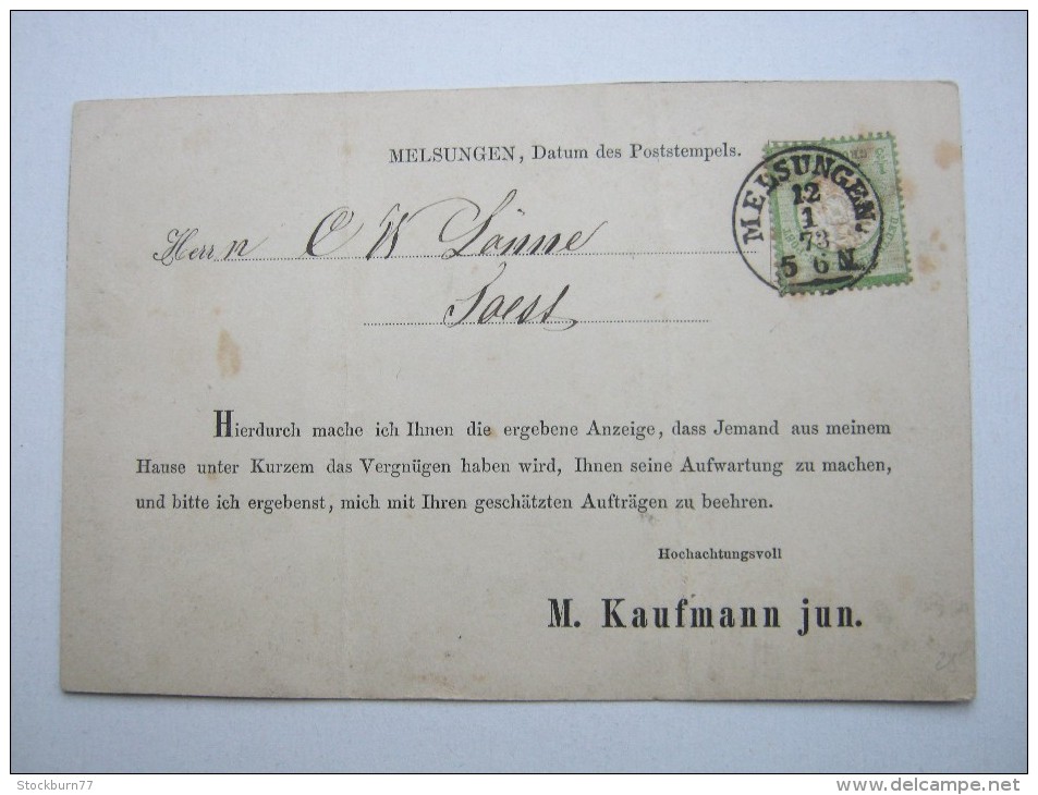 1873 , MELSUNGEN , Glasklarer Stempel Auf Vertreterkarte , Faltspuren - Briefe U. Dokumente