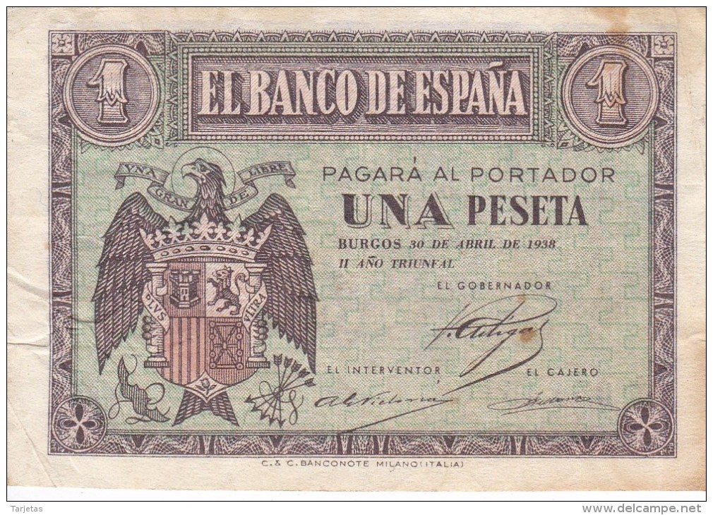 BILLETE DE BURGOS DE 1 PTA DEL 30 ABRIL 1938 SERIE E CALIDAD BC+  (BANKNOTE) - 1-2 Pesetas