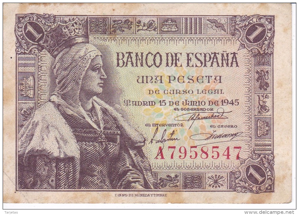 BILLETE DE ESPAÑA DE 1 PTA DEL 15/06/1945 ISABEL LA CATÓLICA SERIE A (BANK NOTE) - 1-2 Pesetas