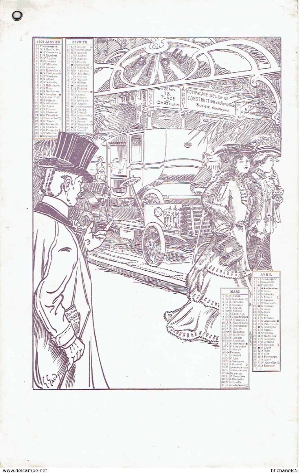 Superbe Calendrier 1904 En 3 Parties AUTOMOBILE PIPE (BRUXELLES) Illustration De GEORGES GAUDY - Voitures