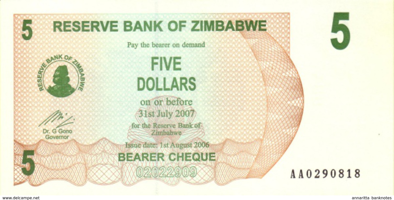 ZIMBABWE 5 DOLLARS 2006 P-38 UNC  [ZW129a] - Simbabwe