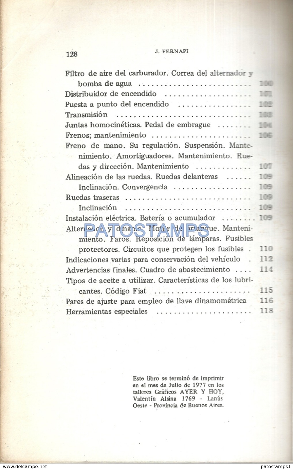 62918 LIBRO MANUAL DATOS TECNICOS REPARACION Y AJUSTE AUTOMOBILE CAR AUTO FIAT 128 ED J. FERNAPI PAG 118 NO POSTCARD - Sonstige & Ohne Zuordnung