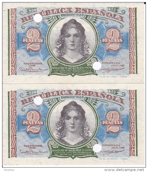 PAREJA CORRELATIVA DE 2 PTAS DEL AÑO 1938 SERIE A SIN CIRCULAR-PLANCHA-UNCIRCULATED INUTILIZADOS-PERFORADOS - 1-2 Peseten