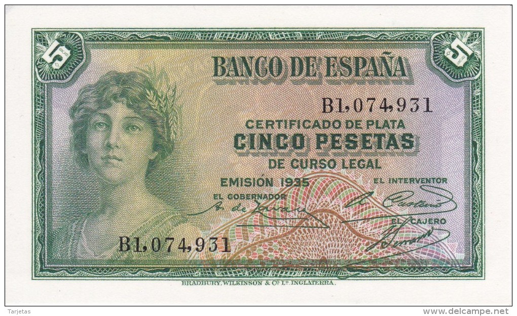 BILLETE DE ESPAÑA DE 5 PTAS DEL AÑO 1935 SERIE B (BANKNOTE) SIN CIRCULAR-UNCIRCULATED - 5 Peseten