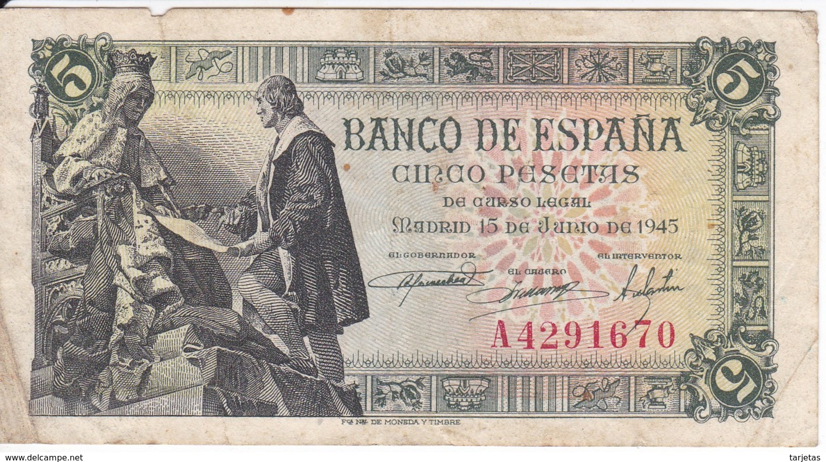 BILLETE DE ESPAÑA DE 5 PTAS DEL 15/06/1945 SERIE A  (BANKNOTE) - 5 Pesetas