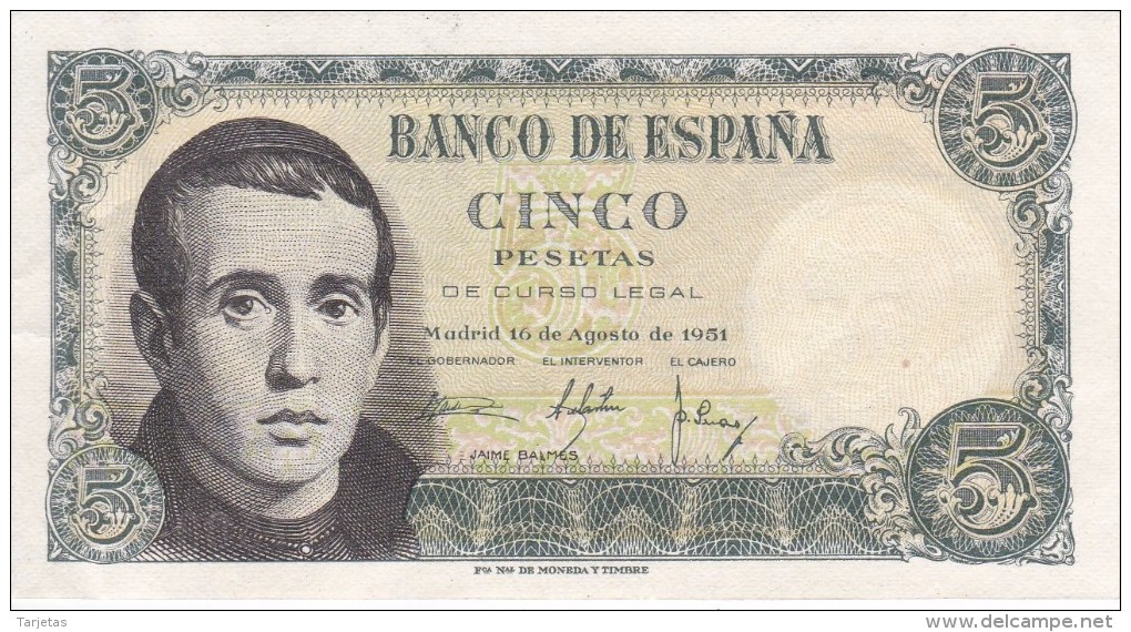 BILLETE DE ESPAÑA DE 5 PTAS DEL 16/08/1951 SERIE 1E EN CALIDAD EBC (XF) (BANKNOTE) - 5 Peseten