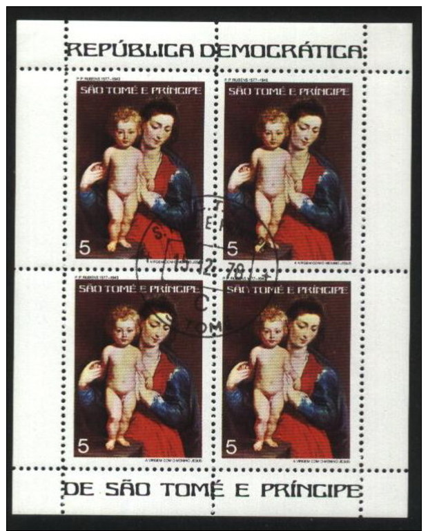 Sao Tome E Principe 1977 Natal, Ruben´s Christmas Paintings Used Cancelled Block M/S (U-25) - Christmas