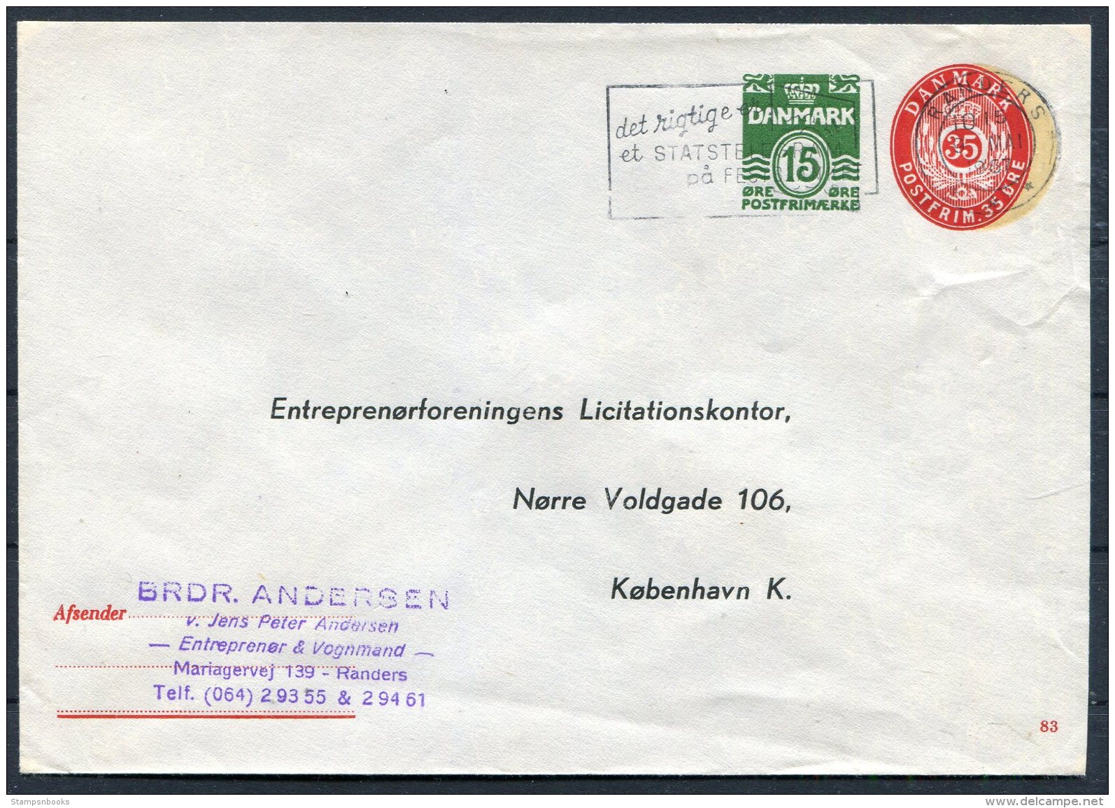 Denmak Private Stationery Cover Entreprenorforeningens Licitationskonter. Randers - Postal Stationery