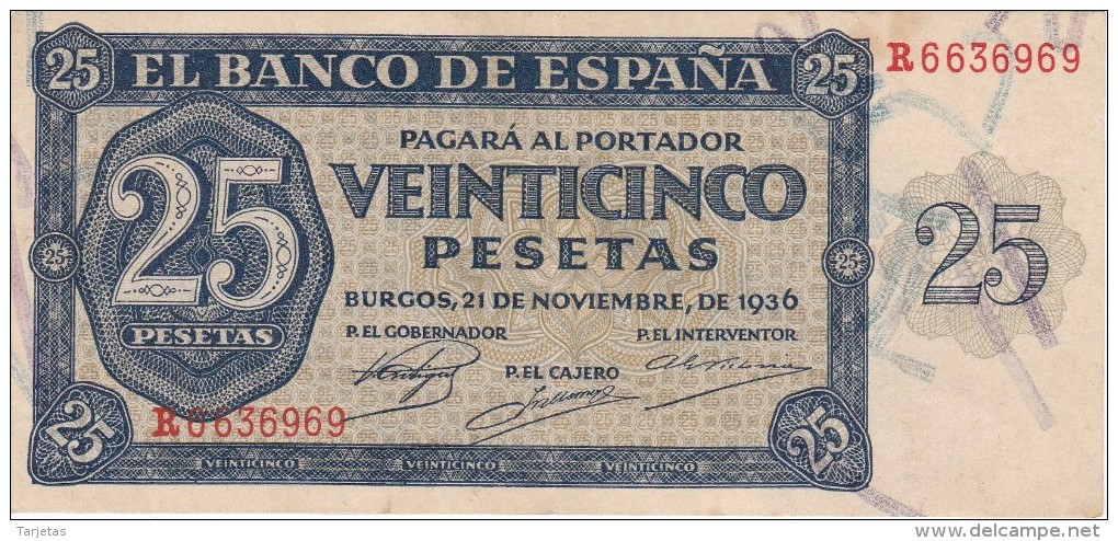 BILLETE DE ESPAÑA DE 25 PTAS DEL 21/11/1936 SERIE R CALIDAD  EBC (XF) (BANKNOTE) - 25 Peseten