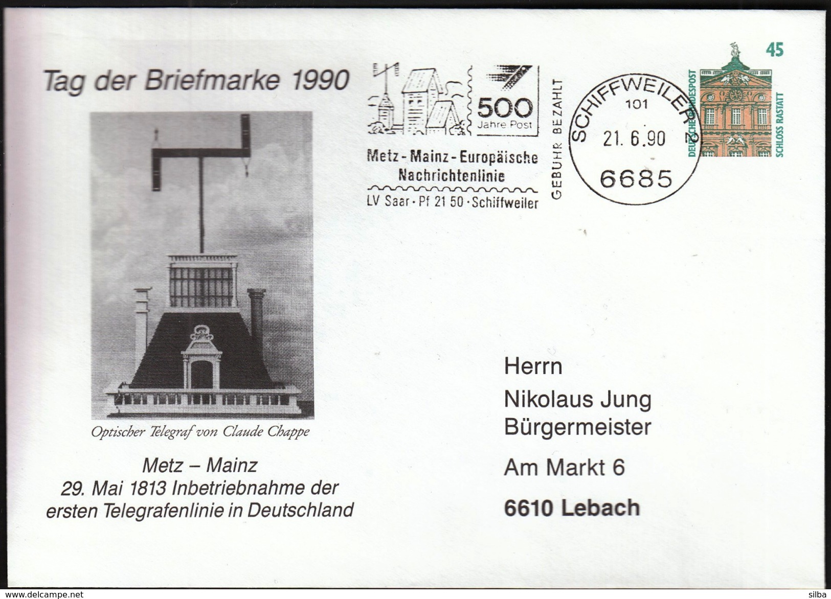 Germany Schiffweiler 1990 / Telegraph Telegrafenlinie / European News Line Metz - Mainz / Machine Stamp - Telekom